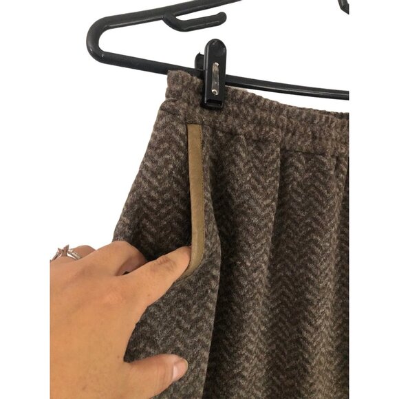 J Crew Brown Chevron Wool Blend Leather Trim Pockets Skirt Size 0 - Picture 3 of 7